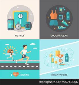 Jogging design concept set with metrics gear healthy food flat icons isolated vector illustration