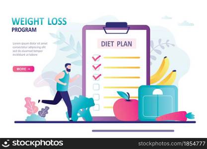 Jogging man and eats according to plan. Concept of healthy food, diet and weight loss program. Male character planning meals. Landing page template. Trendy flat vector illustration. Jogging man and eats according to plan. Concept of healthy food, diet and weight loss program. Male character planning meals.