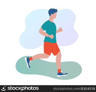 Jogging man outdoors. Healthy lifestyle and sport concept. Young man running in sportswear with fitness bracelet. Morning jog in park. Flat vector illustration.. Jogging woman outdoors. Girl running in sportswear. Morning jog in park. Flat vector illustration. Healthy lifestyle and fitness concept