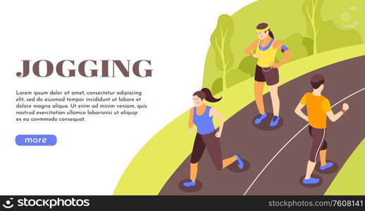 Jogging outdoor active lifestyle promotion isometric landing page web banner with rural road running people vector illustration