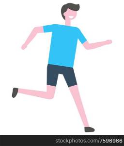 Jogging person vector isolated cartoon character. Marathon runner in blue t-shirt, sprinter jogger active lifestyle athletic animated male in cartoon design. Jogging Person Vector Cartoon Character. Marathon