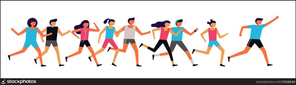Jogging runners group. Morning running, adult people training sport run and outdoor jog. Fitness runner healthy fitness exercising or sprint run competition flat vector illustration. Jogging runners group. Morning running, adult people training sport run and outdoor jog. Fitness runner flat vector illustration
