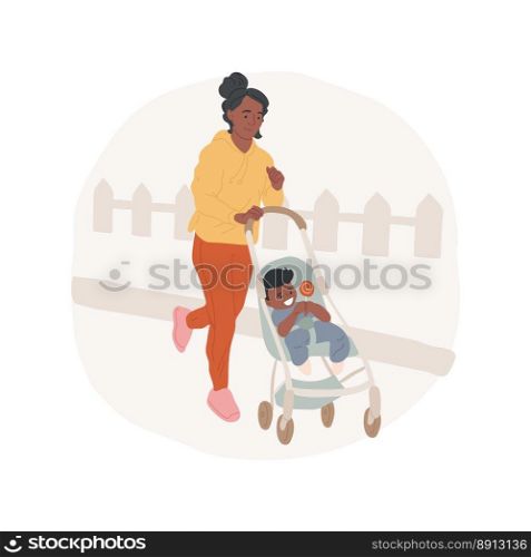 Jogging with a stroller isolated cartoon vector illustration. Young sporty mom running with stroller, modern motherhood, family life, active lifestyle, physical activity vector cartoon.. Jogging with a stroller isolated cartoon vector illustration.
