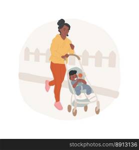 Jogging with a stroller isolated cartoon vector illustration. Young sporty mom running with stroller, modern motherhood, family life, active lifestyle, physical activity vector cartoon.. Jogging with a stroller isolated cartoon vector illustration.
