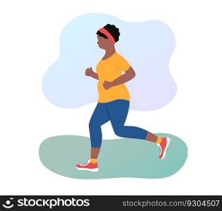 Jogging woman losing weight outdoors. Plump african american girl running in sportswear. Overweight. Morning jog in park. Flat vector illustration.. Jogging woman losing weight outdoors. Plump african american girl running in sportswear. Overweight. Morning jog in park. Flat vector illustration