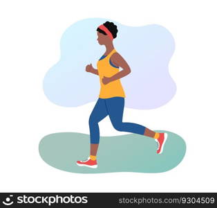 Jogging woman outdoors. African american adult girl running in sportswear. Morning jog in park. Flat vector illustration. Healthy lifestyle and fitness concept.. Jogging woman outdoors. African american adult girl running in sportswear. Morning jog in park. Flat vector illustration. Healthy lifestyle and fitness concept