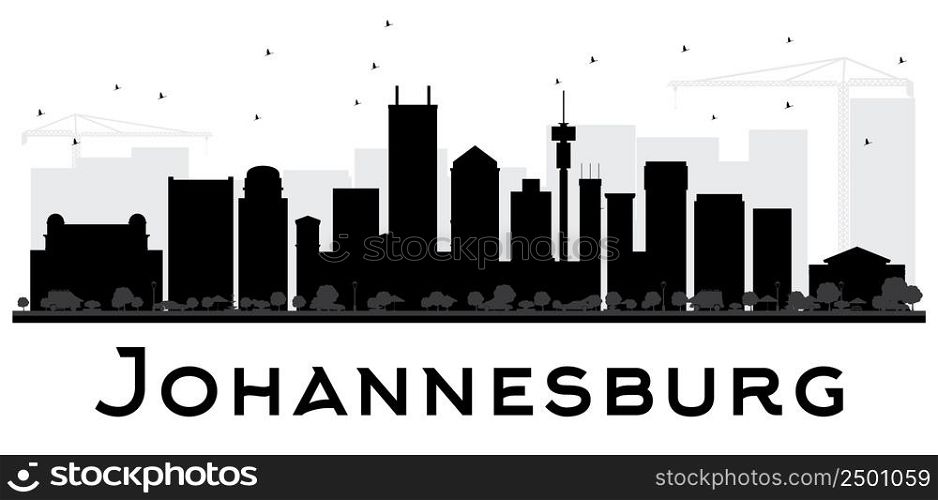 Johannesburg City skyline black and white silhouette. Simple flat concept for tourism presentation, banner, placard or web site. Business travel concept. Cityscape with landmarks
