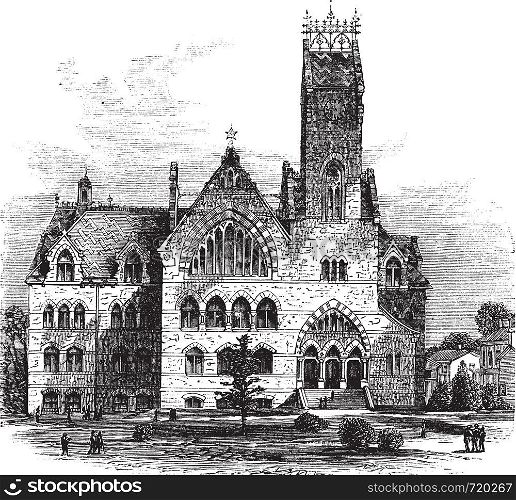 John C. Green School of Science at Princeton University in Princeton, New Jersey, United States, during the 1890s, vintage engraving. Old engraved illustration of John C. Green School of Science from front.