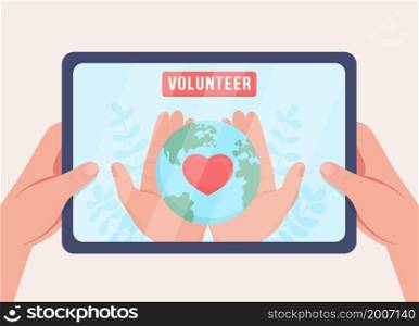 Join environmental volunteering online flat color vector illustration. Save planet. Contribution and participation in campaign. 2D cartoon hands holding tablet from first view with abstract background. Join environmental volunteering online flat color vector illustration