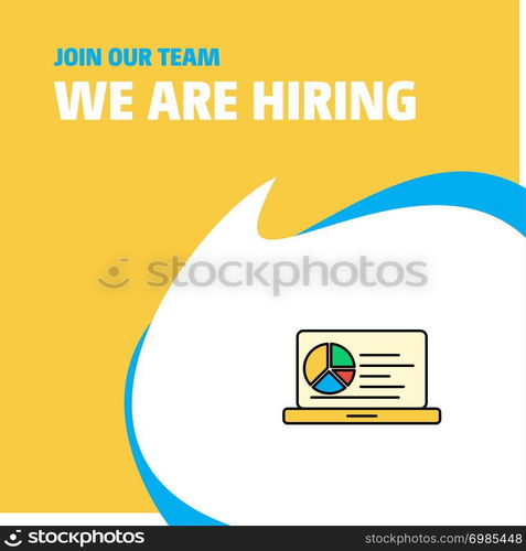 Join Our Team. Busienss Company Presentation on laptop We Are Hiring Poster Callout Design. Vector background