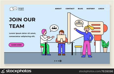 Join our team, business project with team leader giving orders. Programmers on seminar discussing idea. Megaphone for announcements. Website or webpage template, landing page flat style vector. Join Our Team Team Leader with Workers Website