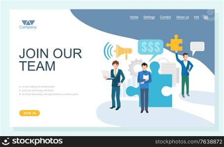 Join team online, looking for professional, teacher knowledge and skills. We direct opportunities to achieve goals, interview or resume, company ad vector. Website or webpage template, landing page. Looking for Professional Online, Interview Vector