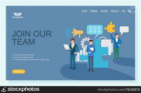 Join team online, looking for professional, teacher knowledge and skills. We direct opportunities to achieve goals, interview or resume, company ad puzzle vector. Website or webpage, landing page. Looking for Professional Online, Interview Vector