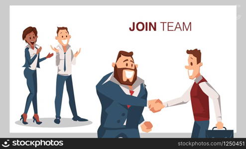 Join Team Successful Job Interview Man Shake Hand. Smiling Businessman Character Handshake. Partnership Begin. Office Worker Wear Suit Clap with Joy. Cartoon Flat Vector Illustration. Join Team Successful Job Interview Man Shake Hand