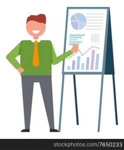 Join to our team, male near board with graphs and charts pointing on sales statistics. Vector isolated businessman or executive manager making report. Join to Our Team, Male near Board with Graphs