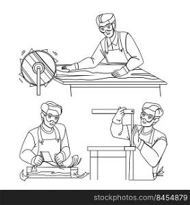 Joinery Man Working In Workshop With Tool Vector. Joinery Worker Work With Professional Instrument Saw And Planer At Workplace. Character Sawing Wooden Board black line illustration. Joinery Man Working In Workshop With Tool Vector