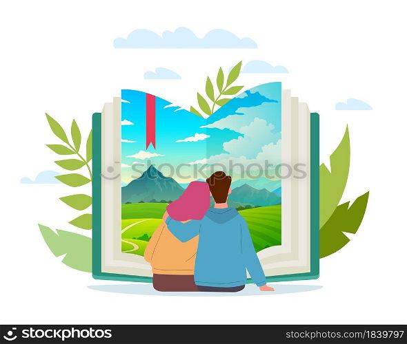 Joint book trip. Cartoon young couple reading together. Scenic landscape at paper pages. Cute man and woman sit hugging and enjoy of literature. Fictional adventure in nature. Vector readers concept. Joint book trip. Cartoon couple reading together. Scenic landscape at paper pages. Man and woman sit hugging and enjoy of literature. Fictional adventure in nature. Vector readers concept