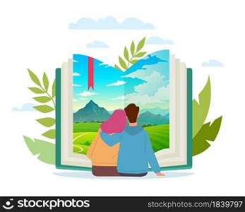 Joint book trip. Cartoon young couple reading together. Scenic landscape at paper pages. Cute man and woman sit hugging and enjoy of literature. Fictional adventure in nature. Vector readers concept. Joint book trip. Cartoon couple reading together. Scenic landscape at paper pages. Man and woman sit hugging and enjoy of literature. Fictional adventure in nature. Vector readers concept