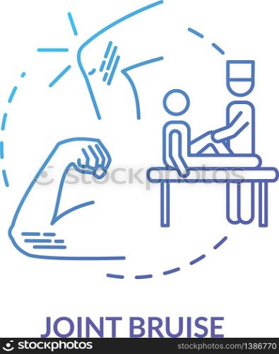 Joint bruise, hematoma, traumatism concept icon. Body part contusion, limb trauma, patient examination idea thin line illustration. Vector isolated outline RGB color drawing. Joint bruise, hematoma, traumatism concept icon