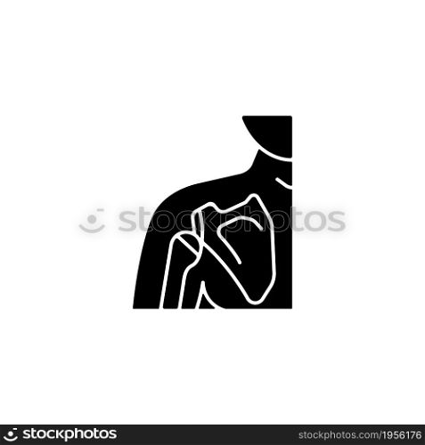Joint dislocation black glyph icon. Dislocated shoulder. Muscles weakening. Sprain and fracture. Humerus trauma. Tear ligaments. Silhouette symbol on white space. Vector isolated illustration. Joint dislocation black glyph icon