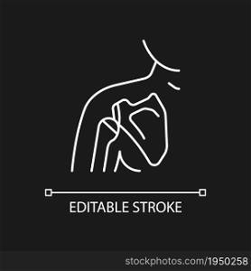 Joint dislocation white linear icon for dark theme. Dislocated shoulder. Muscles weakening. Thin line customizable illustration. Isolated vector contour symbol for night mode. Editable stroke. Joint dislocation white linear icon for dark theme