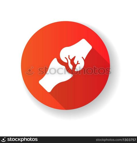 Joint fracture red flat design long shadow glyph icon. Injured limb. Broken bone. Accident. Healthcare. Trauma treatment. Medical condition. Damaged body part. Silhouette RGB color illustration