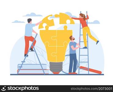 Joint idea development. Employees collect big light bulb from puzzle pieces, teamwork process, people succeed collaboration, new project and business startup, vector cartoon flat isolated concept. Joint idea development. Employees collect big light bulb from puzzle pieces, teamwork process, people succeed collaboration, new project and business startup, vector isolated concept