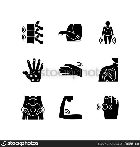 Joint inflammation black glyph icons set on white space. Bone pain. Rheumatoid arthritis. Muscle weakness. Swelling in ligaments. Osteoarthritis. Silhouette symbols. Vector isolated illustration. Joint inflammation black glyph icons set on white space