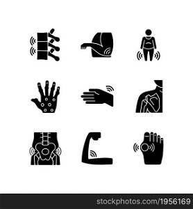 Joint inflammation black glyph icons set on white space. Bone pain. Rheumatoid arthritis. Muscle weakness. Swelling in ligaments. Osteoarthritis. Silhouette symbols. Vector isolated illustration. Joint inflammation black glyph icons set on white space