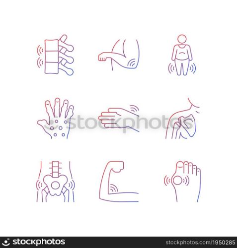 Joint inflammation gradient linear vector icons set. Rheumatoid arthritis. Muscle weakness. Swelling in ligaments. Thin line contour symbols bundle. Isolated outline illustrations collection. Joint inflammation gradient linear vector icons set
