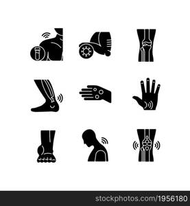 Joint problems black glyph icons set on white space. Muscle aches. Tendons stiffness. Ligament sprain. Arthritis symptoms. Infection in bones. Silhouette symbols. Vector isolated illustration. Joint problems black glyph icons set on white space