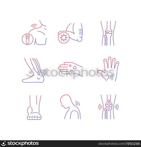 Joint problems gradient linear vector icons set. Muscle aches. Tendons stiffness. Ligament sprain. Arthritis symptoms. Thin line contour symbols bundle. Isolated outline illustrations collection. Joint problems gradient linear vector icons set