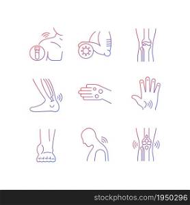 Joint problems gradient linear vector icons set. Muscle aches. Tendons stiffness. Ligament sprain. Arthritis symptoms. Thin line contour symbols bundle. Isolated outline illustrations collection. Joint problems gradient linear vector icons set