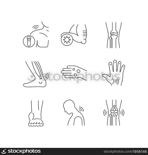 Joint problems linear icons set. Muscle aches. Tendons stiffness. Ligament sprain. Arthritis symptoms. Customizable thin line contour symbols. Isolated vector outline illustrations. Editable stroke. Joint problems linear icons set