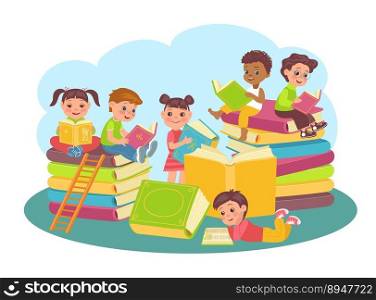 Joint reading books. Young readers among large volumes. Children learning together. School education. Smart kids togetherness. Cute girls and boys in library. Literature study. Splendid vector concept. Joint reading books. Young readers among large volumes. Children learning. School education. Smart kids togetherness. Girls and boys in library. Literature study. Splendid vector concept