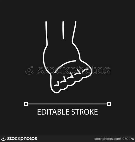 Joint sprain white linear icon for dark theme. Ankle ligament tearing. Sports injury. Muscle damage. Thin line customizable illustration. Isolated vector contour symbol for night mode. Editable stroke. Joint sprain white linear icon for dark theme