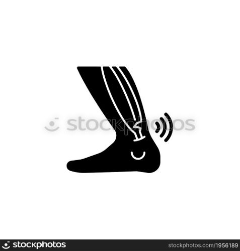 Joint strains black glyph icon. Muscles overstretching. Abnormal tendon stretch. Musculoskeletal injury. Ankle ligaments tearing. Silhouette symbol on white space. Vector isolated illustration. Joint strains black glyph icon