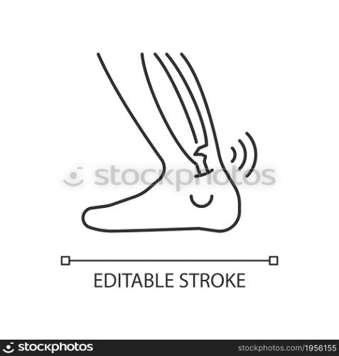 Joint strains linear icon. Muscles overstretching. Extreme pain. Abnormal tendon stretch. Thin line customizable illustration. Contour symbol. Vector isolated outline drawing. Editable stroke. Joint strains linear icon