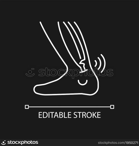 Joint strains white linear icon for dark theme. Muscles overstretching. Musculoskeletal injury. Thin line customizable illustration. Isolated vector contour symbol for night mode. Editable stroke. Joint strains white linear icon for dark theme