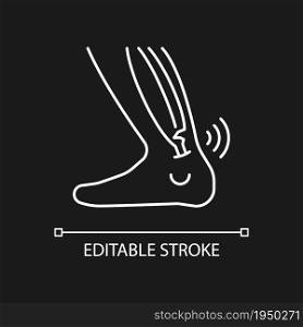 Joint strains white linear icon for dark theme. Muscles overstretching. Musculoskeletal injury. Thin line customizable illustration. Isolated vector contour symbol for night mode. Editable stroke. Joint strains white linear icon for dark theme