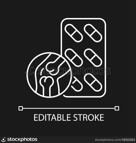 Joint support white linear icon for dark theme. Healthy cartilage structure and healthy tissue. Thin line customizable illustration. Isolated vector contour symbol for night mode. Editable stroke. Joint support white linear icon for dark theme