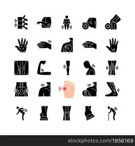Joints pain black glyph icons set on white space. Rheumatic diseases. Arthritis development. Muscles inflammation. Musculoskeletal conditions. Silhouette symbols. Vector isolated illustration. Joints pain black glyph icons set on white space