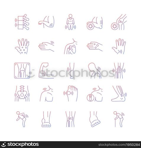Joints pain gradient linear vector icons set. Rheumatic diseases. Arthritis development. Muscles inflammation. Thin line contour symbols bundle. Isolated outline illustrations collection. Joints pain gradient linear vector icons set