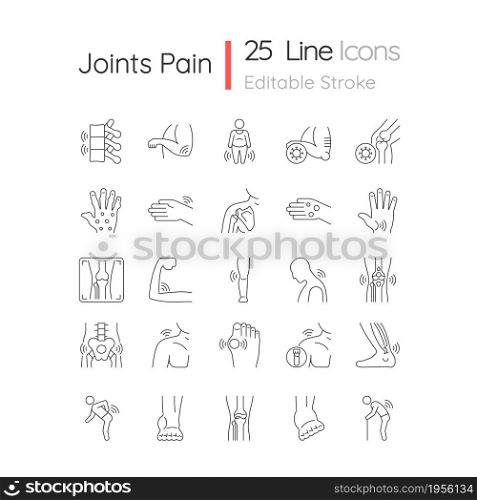 Joints pain linear icons set. Rheumatic diseases. Arthritis development. Muscles inflammation. Customizable thin line contour symbols. Isolated vector outline illustrations. Editable stroke. Joints pain linear icons set