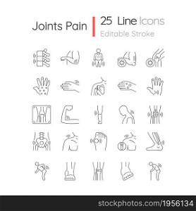 Joints pain linear icons set. Rheumatic diseases. Arthritis development. Muscles inflammation. Customizable thin line contour symbols. Isolated vector outline illustrations. Editable stroke. Joints pain linear icons set