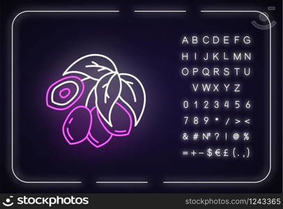 Jojoba neon light icon. Tropical fruits. Miracle fruit. Botany. Brazilian plant. Cosmetic oil production. Outer glowing effect. Sign with alphabet, symbols. Vector isolated RGB color illustration