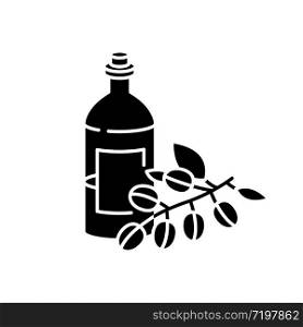 Jojoba oil black glyph icon. Liquid product in jar container for haircare. Natural cosmetic for nourishing hair treatment. Silhouette symbol on white space. Vector isolated illustration