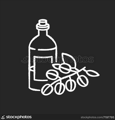 Jojoba oil chalk white icon on black background. Liquid product in jar container for haircare. Natural cosmetic for nourishing hair treatment. Isolated vector chalkboard illustration