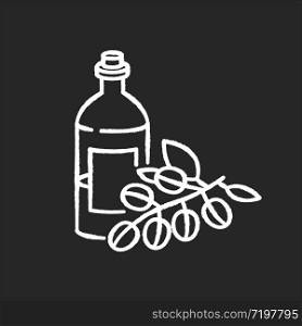 Jojoba oil chalk white icon on black background. Liquid product in jar container for haircare. Natural cosmetic for nourishing hair treatment. Isolated vector chalkboard illustration