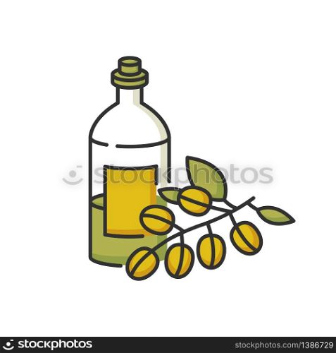Jojoba oil RGB color icon. Organic extract from raw nuts. Liquid product in jar container for haircare. Natural cosmetic for nourishing hair treatment. Isolated vector illustration. Jojoba oil RGB color icon. Organic extract from raw nuts. Liquid product in jar container for haircare. Natural cosmetic for nourishing hair treatment. Isolated vector illustration.